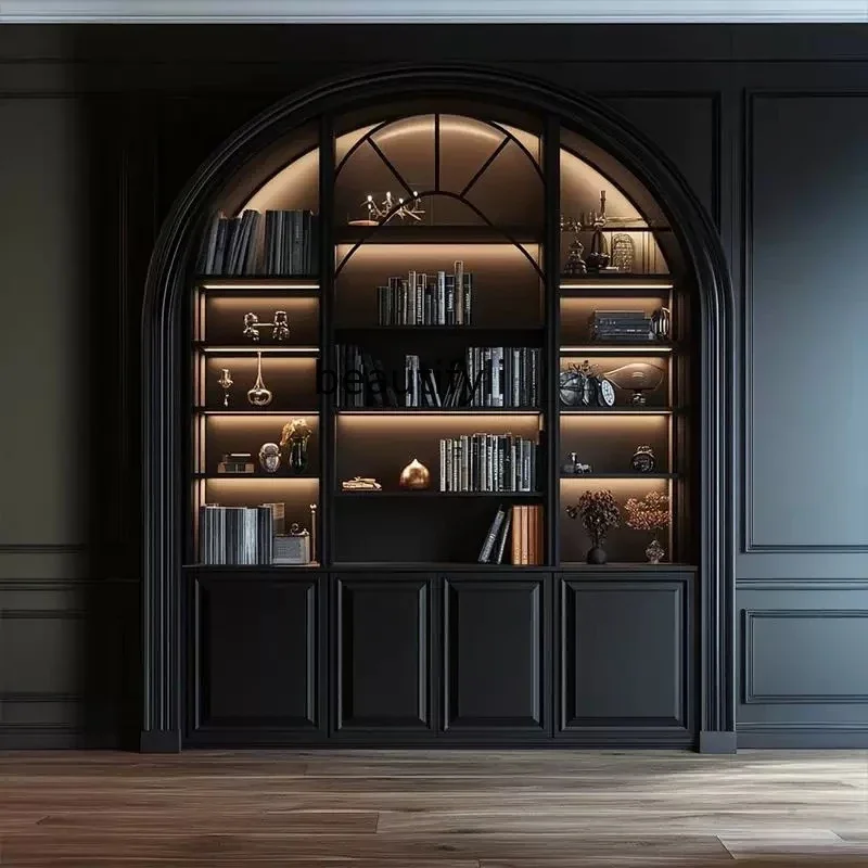 French retro solid wood bookcase villa arched integrated display cabinet light luxury storage side cabinet