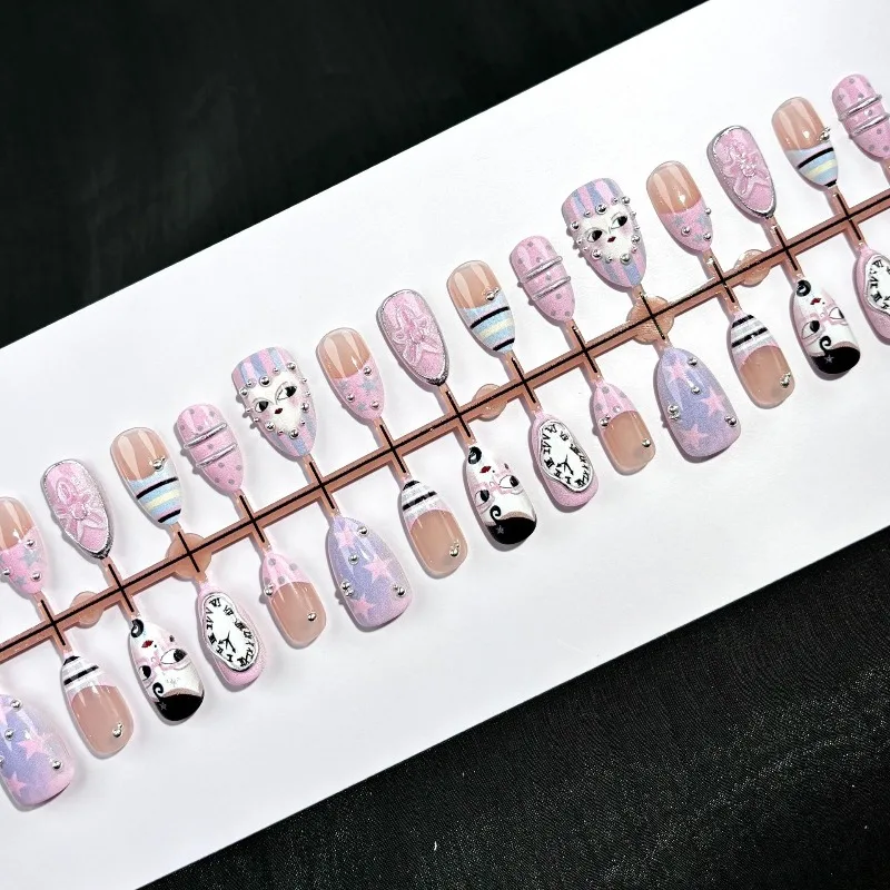 24PCS Y2k Pink Almond Press on Nails Abstract Cartoon Face Clock 3D Flowers Metal Rhinestone French Fake Nails Sweet Star Nails