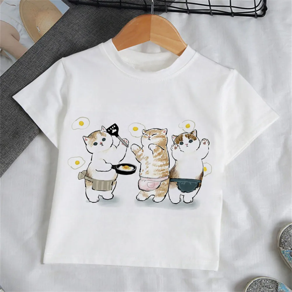 Girls Cartoon Cat T Shirt Tee Fashion Kids 3-12 Years Outdoor Clothes for Children Teenagers T-Shirt 10 Years Old Girls Clothes