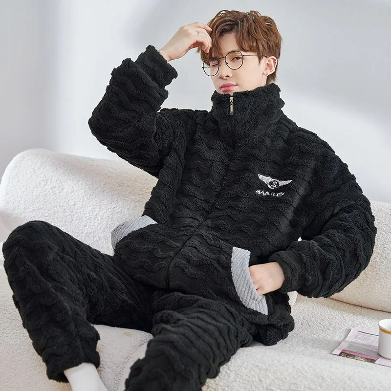 Coralline Pyjamas Men's Winter  New Fall/winter Men's Flannel Set with Fleece Thickened Can Be Worn Outside Cartoon  Comfortable