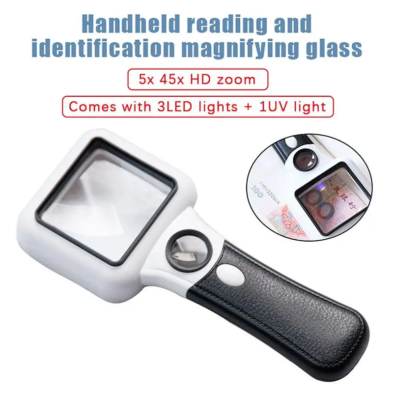 5x 45x LED Reading Glass for Handheld Use Providing Clear Magnification and Illumination