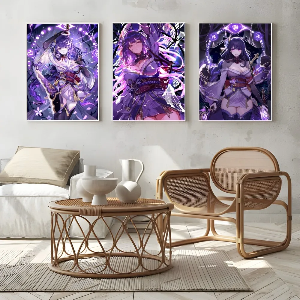 

Raiden Shogun Genshin Impact Accounts Game Poster Sticky Wall Art Printing Waterproof Home Living Bed Room Decor