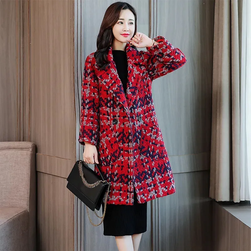 Fashion Green Plaid Woolen Coat Women\'s 2024 New Spring Autumn Winter Jacket Mid-Length Slim Thickened Woolen Blend Outerwear