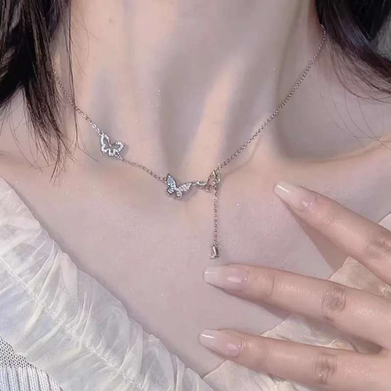 Silver Tassel Butterfly Necklace Women's Light Luxury Temperament High-end Fashion Versatile Exquisite Ins Clavicle Chain