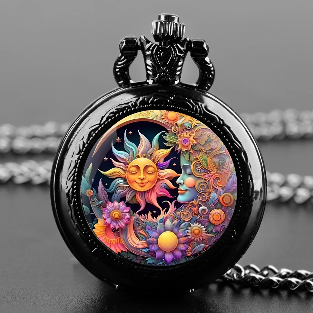 

Sun and Moon Design Glass Dome Quartz Pocket Watch With Durable Chain Arabic Numeral Dial For Men And Women Creative Gifts