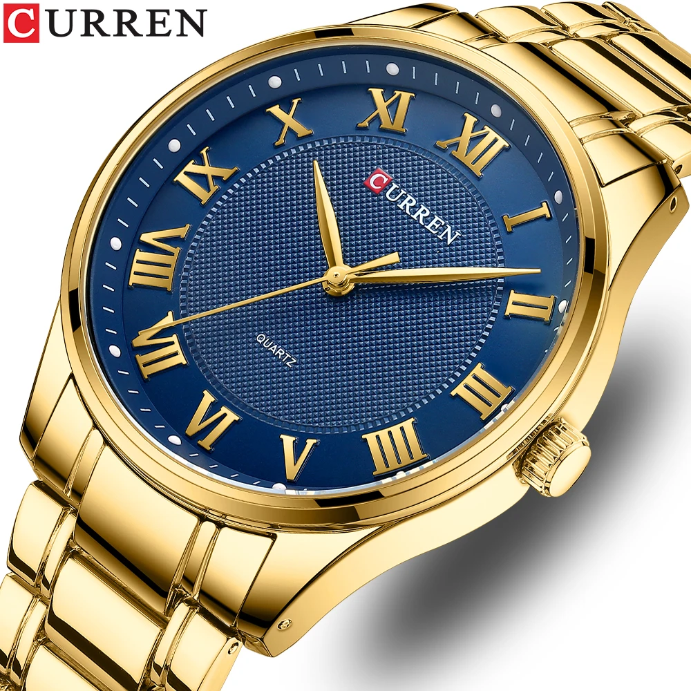 2022 CURREN Men Watch Stainless Steel Band Luxury Quartz Wristwatches for Male Creative Design Golden Clock with Luminous