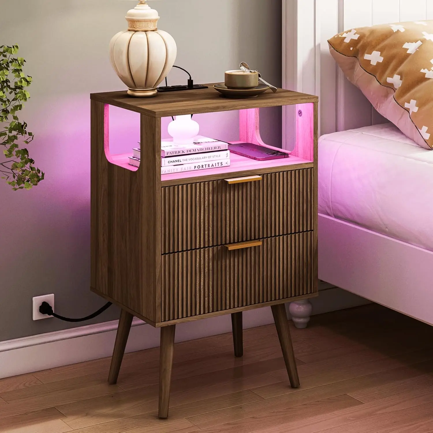 

Modern Nightstand with Charging Station & LED Lights, 2 Drawers, Solid Wood Legs, Walnut Brown