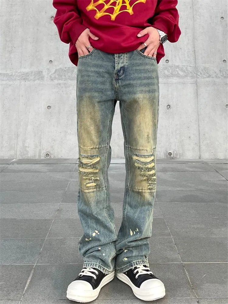 Spring and Autumn High Street Jeans for Men Y2K Straight-leg Pants Splash-ink Button Pocket Washed Trousers A167