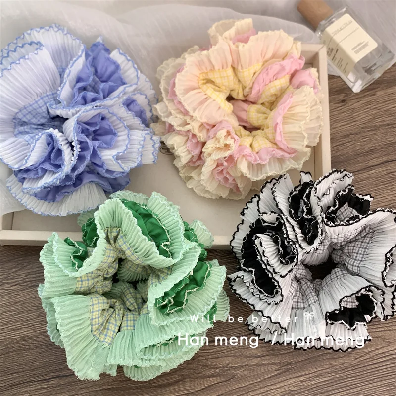 2024 Plaid Patchwork Chiffon Laced Double-layer Large Scrunchie Lolita Girls Korean Oversized Pleated Hair Ties Women Headdress