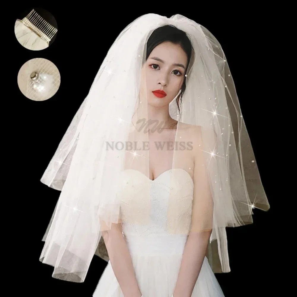 Short Wedding Veil Pearls Two Layers Bridal Veils Customized