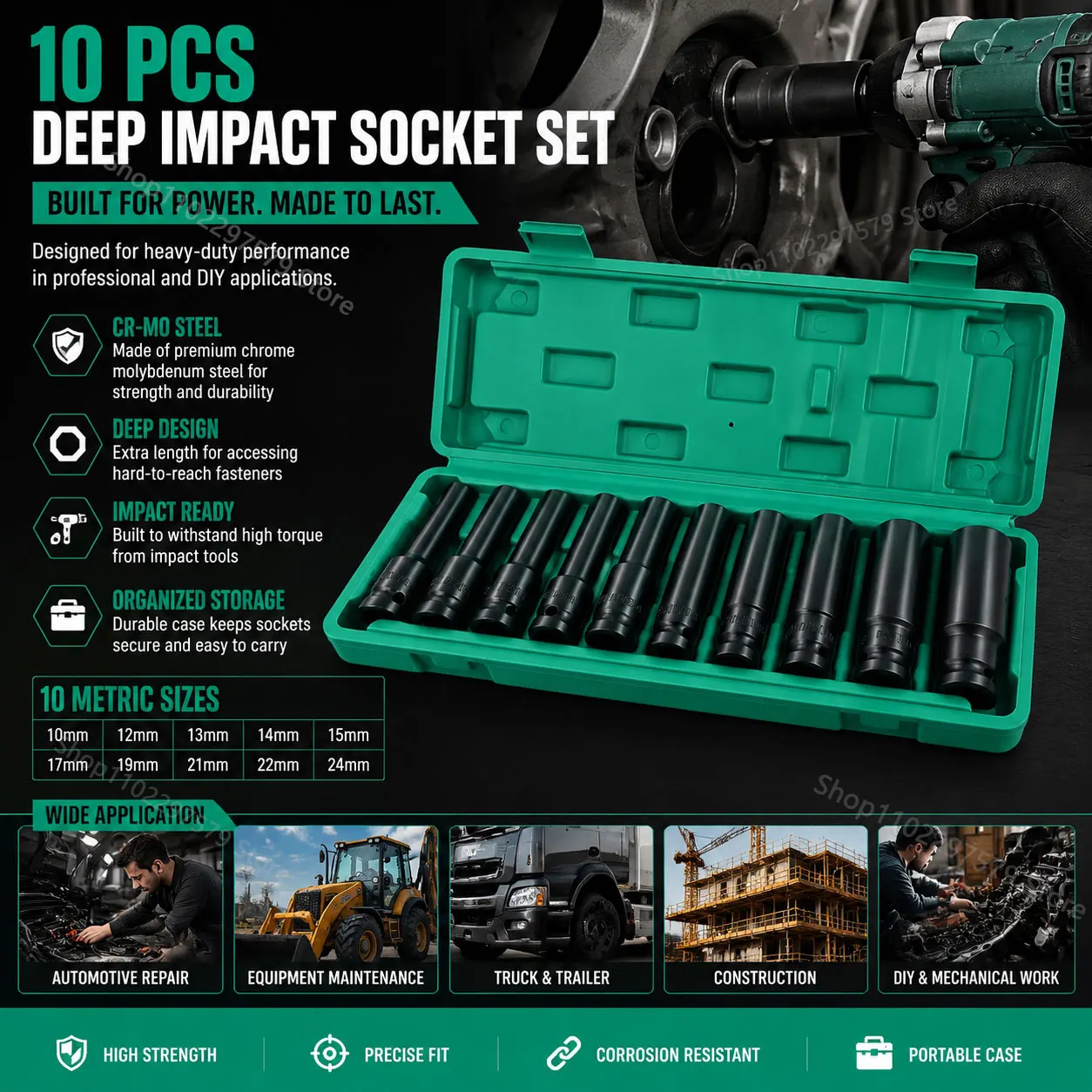 10pcs Socket Wrench Set 8-24mm Adjustable Pneumatic Hand Tools Automotive Mechanical Repair Kit Garage Workshop Automotive