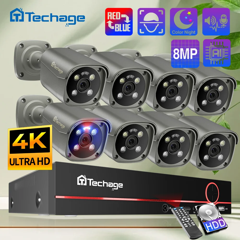 Système de caméra PoE Techage 8CH 4K 8MP, CCTV, sécurité, détection humaine par IA, enregistreur vidéo, audio bidirectionnel, kit de surveillance vidéo NVR