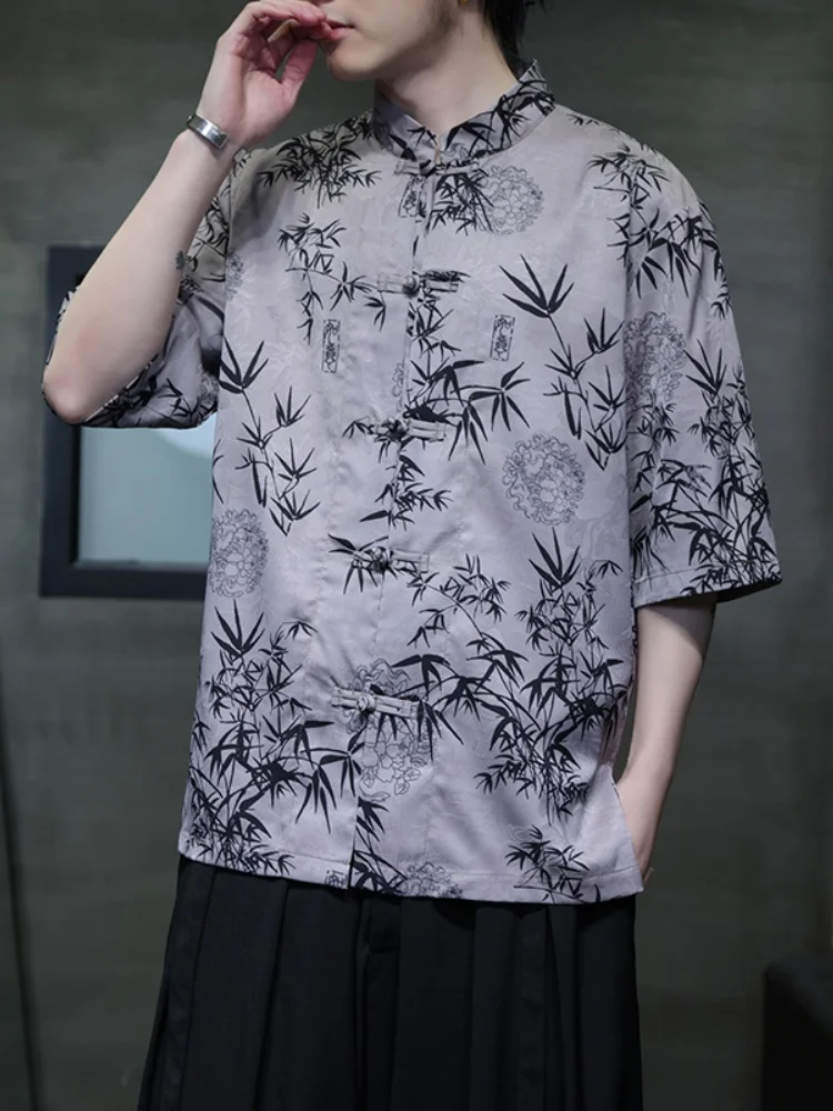 

New Chinese Sle Ice Silk ort Sve irt Men Summer Thin Loose Five Sve Top Wind Tang Costume Improved Hanfu
