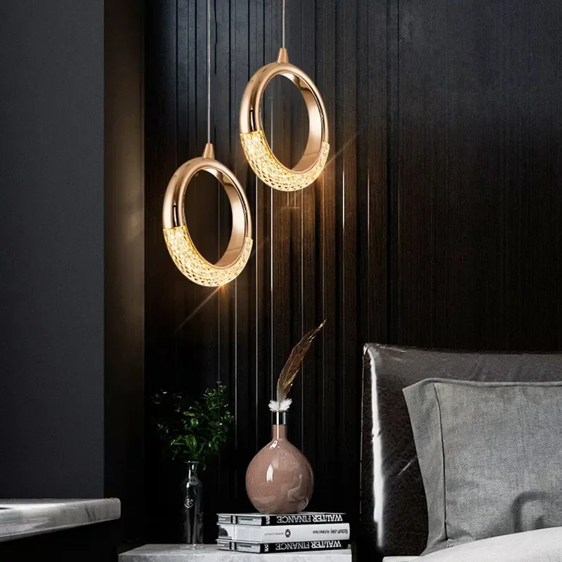 Nordic Crystal Round LED Pendant Light Minimalist Single Head Bedroom Bedside Decor Chandelier Bar Restaurant Hanging Lamp
