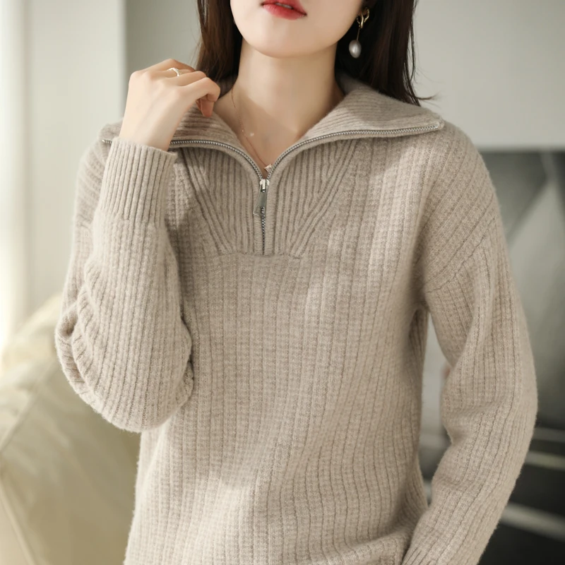 

Classic Half zip High collar Wool Pullover Women Knitting 100% Australian Wool Sweater Long sleeves Warm Loose High-quality Tops