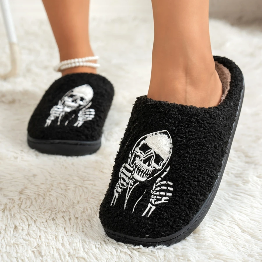Funny Ghost Face Halloween Women Slippers Fuzzy Warm Soft Sole Comfort Bedroom Anti-slip Festival Couple Shoes