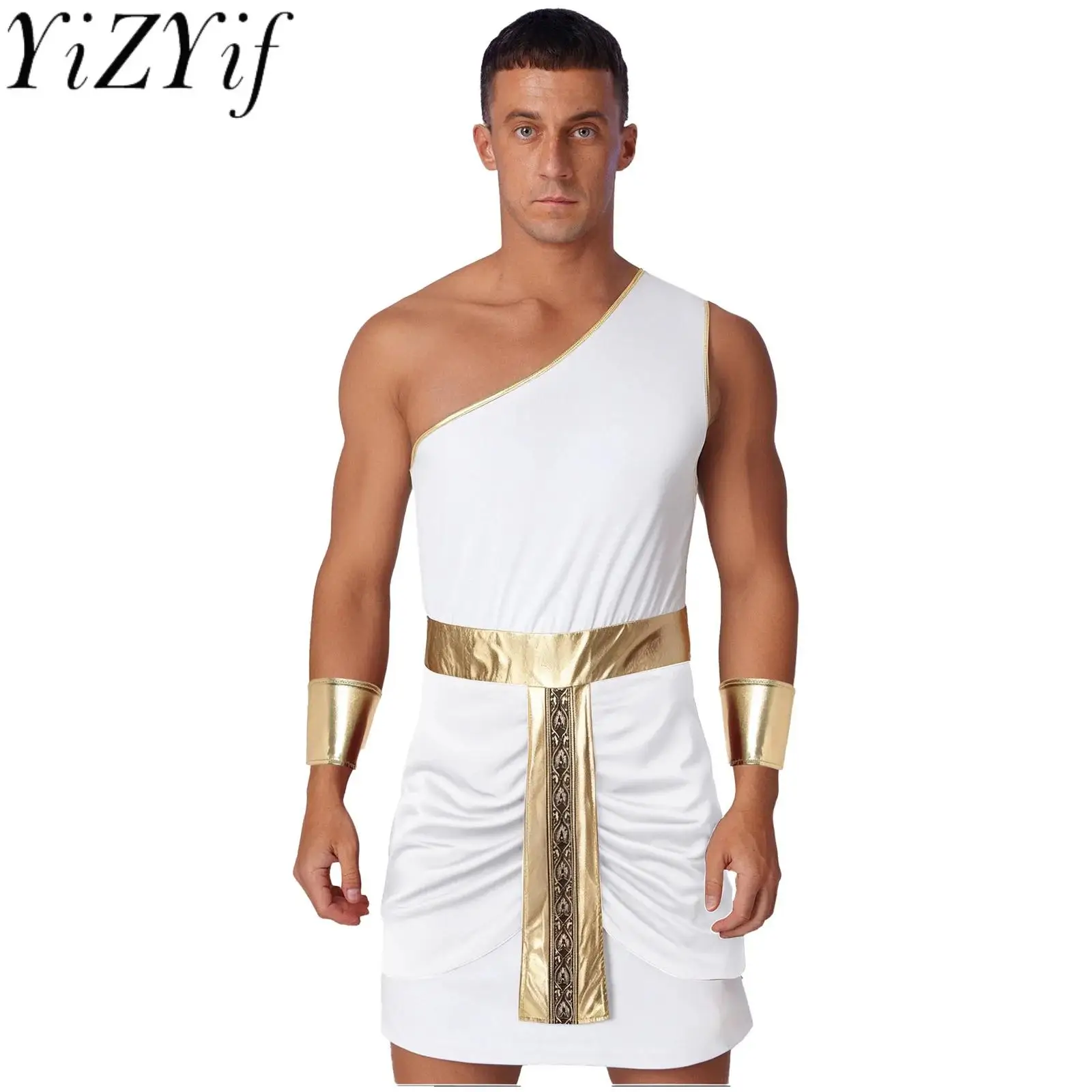 

Men Halloween Medieval Egyptian Pharaoh Toga Warrior Cosplay Robe Metallic Shiny Dress Robe for Gladiator Role Play Outfits