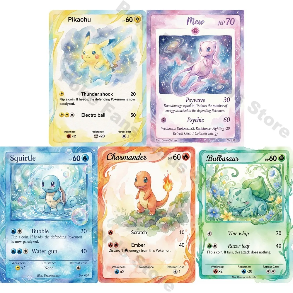 5Pcs PTCG Cards Mew Charmander Bulbasaur Squirtle PTCG Holographic Collection Cards Anime Game Rare Holo PTCG Cards Gift