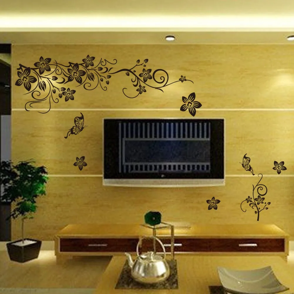 Schwarze Blumenranken, Schmetterlingsfliegen, Vinyl-Wandaufkleber, selbstklebend, für Okzident, Zuhause, Wohnzimmer, TV-Hintergrunddekoration – Detail 4
