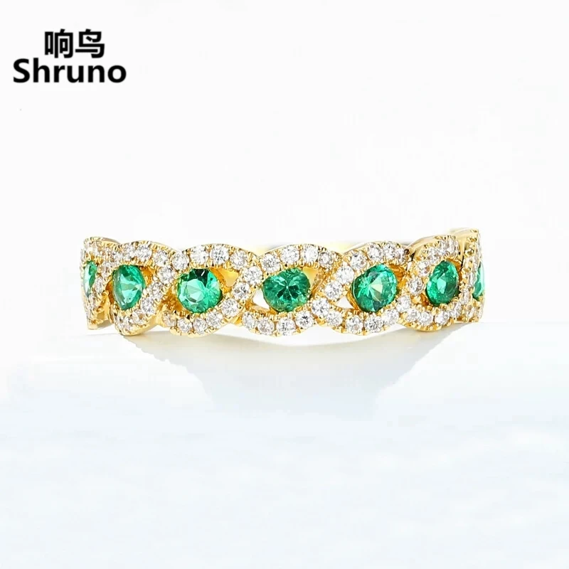 

Shruno Solid 14K Yellow Gold Natural Diamond Rings For Women Sparkling Real Emerald Engagement Anniversary Unique Fine Jewelry