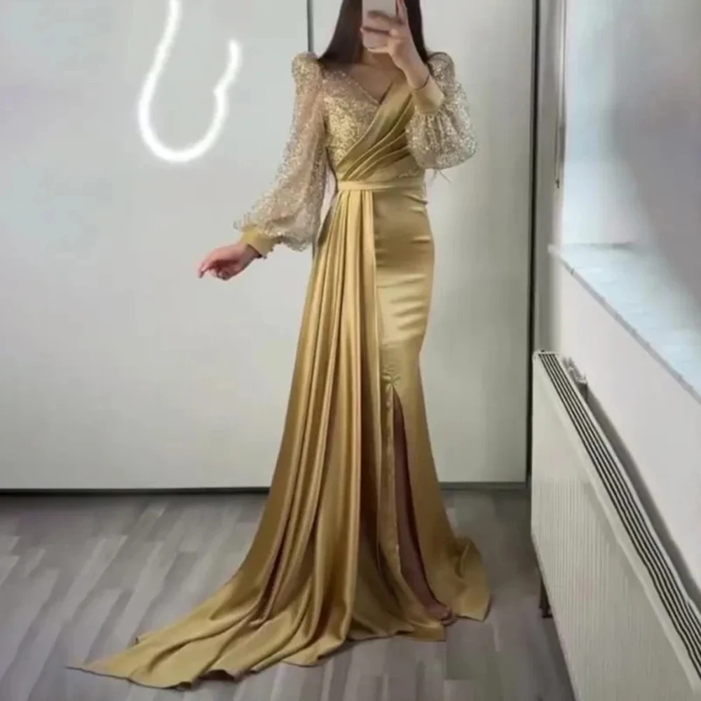 Robe de Soirée en Satin à Manches sulfBouffantes et Col en V, Tenue de Bal de Style Sirène Arabe à Paillettes Dorées, Vêtement de Célébrité, 2023