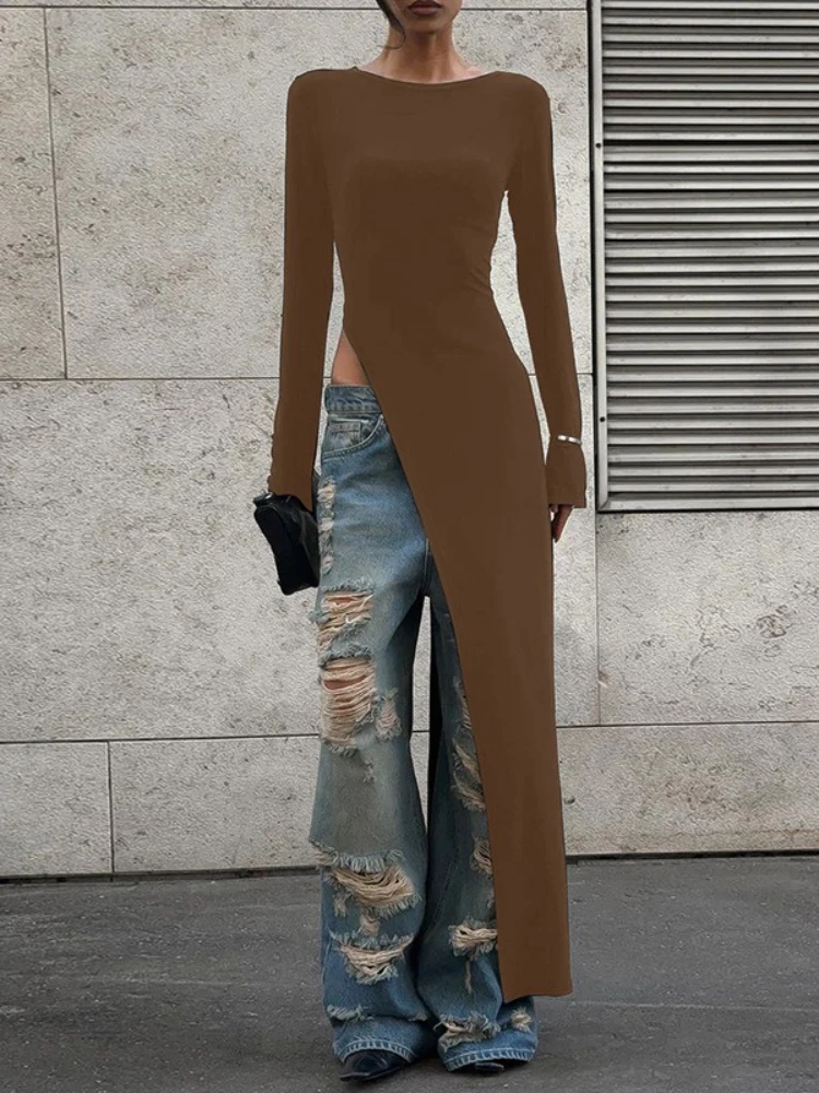 Mulher roupas o pescoço manga longa alta fenda sólido preto camiseta vestido streetwear senhoras chique irregular longo festa clube vestidos