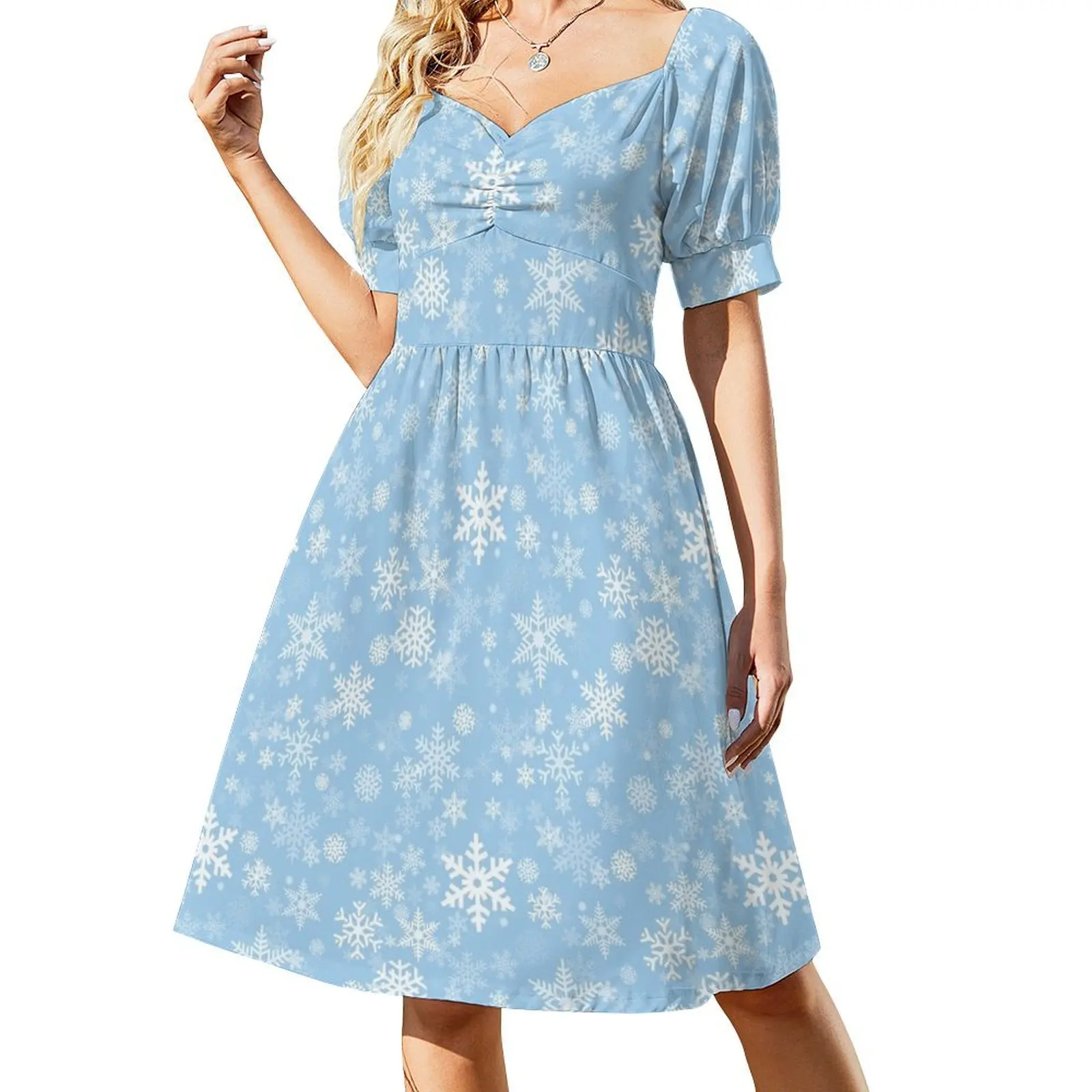 Snowflakes Pattern in Baby Blue Short Sleeved Dress Evening dresses loose summer dress Dress