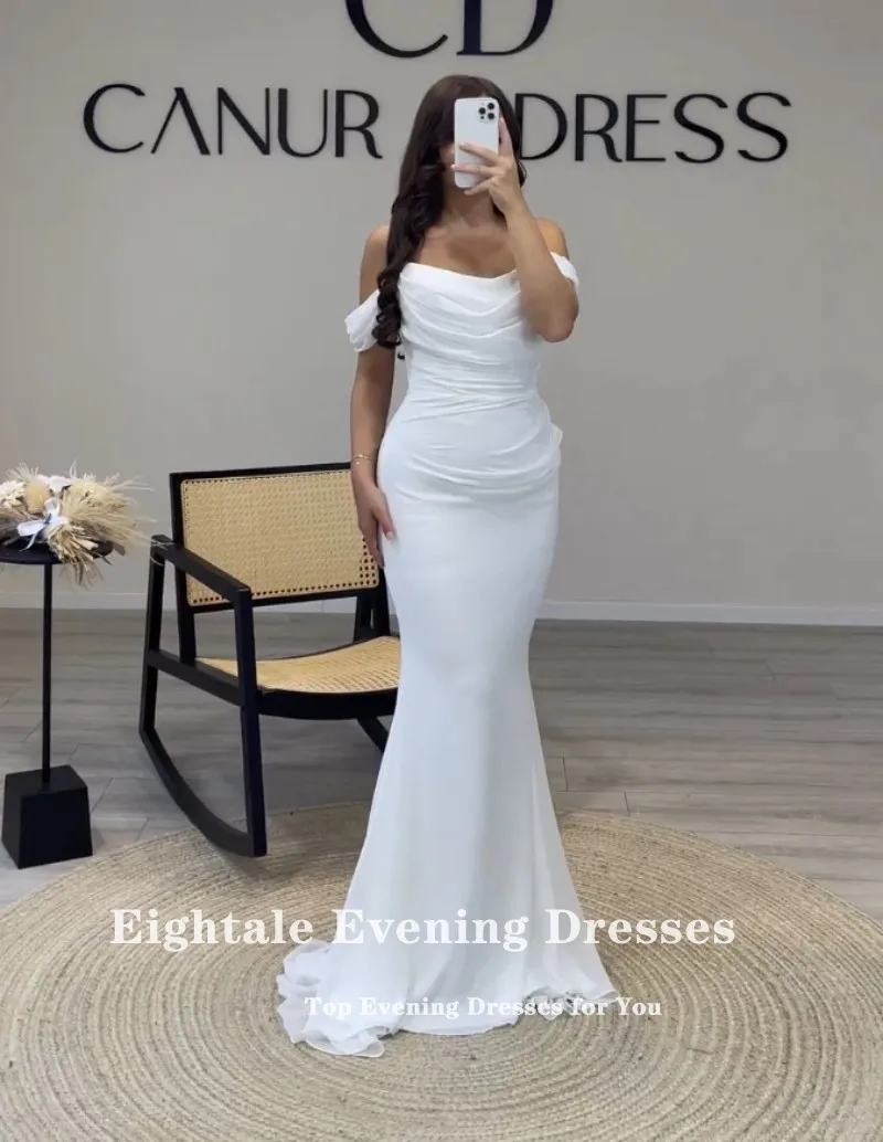 Eightale Arabic Evening Dresses for Wedding Party Off the Shoulder White Pleats Chiffon Mermaid Formal Celebrity Prom Gowns