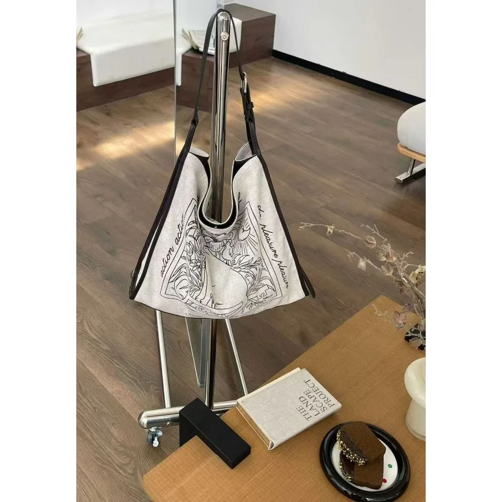 2026 Summer New Literary and Artistic Style Shoulder Bag Printed Canvas Splicing Large-capacity Texture Unique Trendy Versatile
