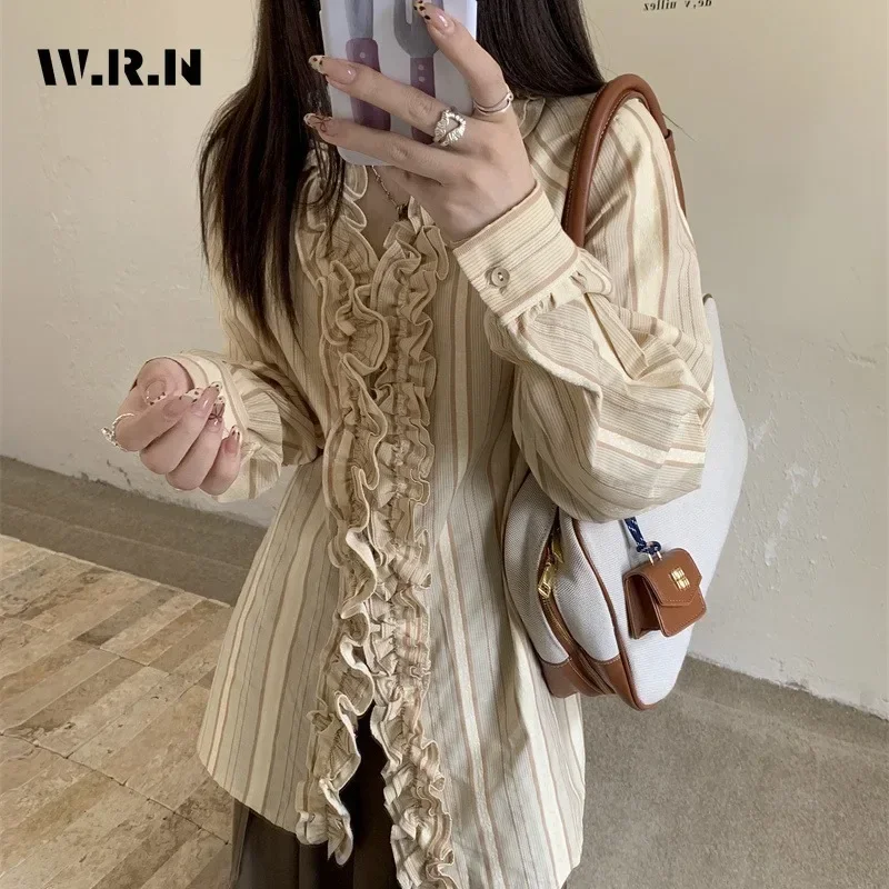 Elegant Sweet Round Neck Vintage Long Sleeve Shirt 2025 Spring Women Causal Striped Blouses Single Breasted Chiffon Tees Top