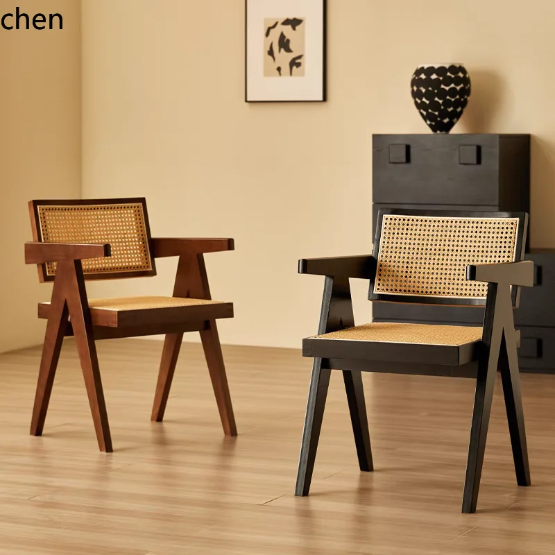

ZML Solid Wood Dining Chair Home Medieval Armrest Backrest Chair Leisure Soft Bag Rattan Chair