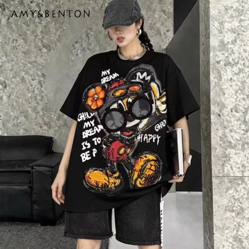 

Women's T-shirt 2026 Summer New Sweet Cartoon Graphic Letter Print Heavy Sequin Detail Crew Neck Loose Fit Short Sleeves Tshirts