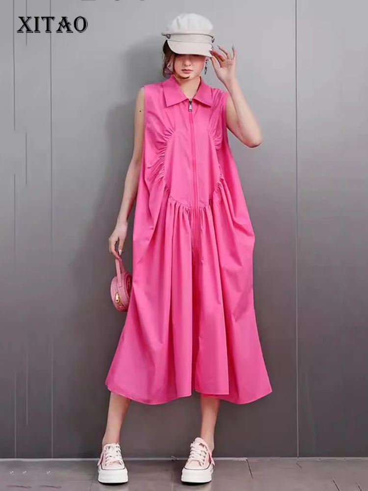 

XITAO Fold Zipper Sleeveless Turn-down Collar Dress Solid Color Patchwork Pocket Loose Casual Slimming All Match Dress HQQ2445