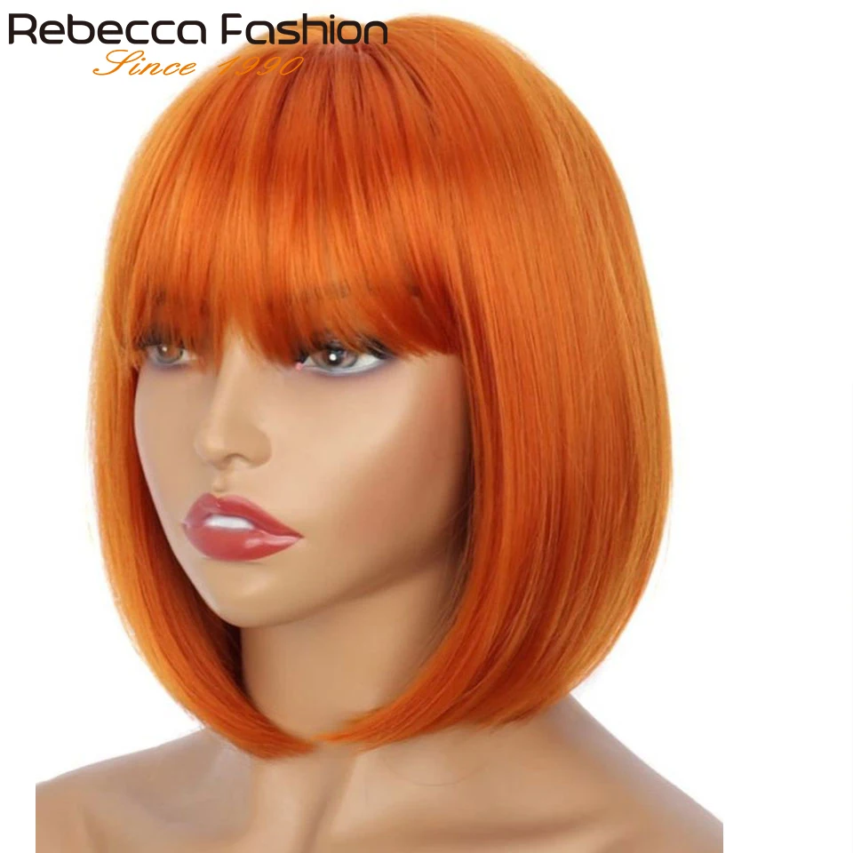 Ginger Orange Blonde Short Cut Straight Bob Wigs With Bangs Human Hair Brazilian Straight Human Hair Wigs Machine Made Easy Wear