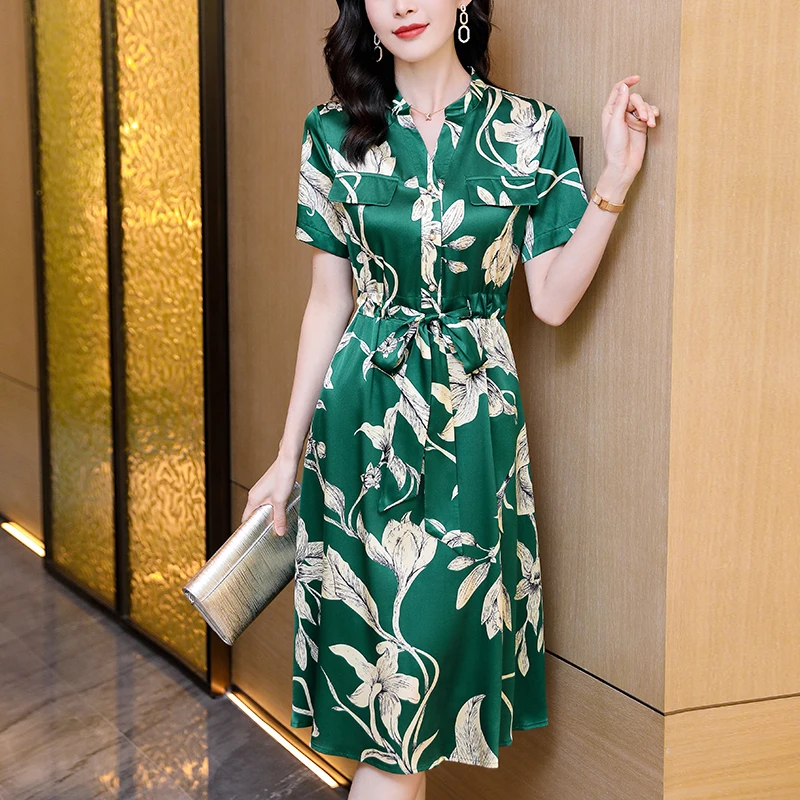 2026 Summer V-neck Short Sleeve Fashion Floral Print Real Silk Women's Long Dress A-line Office Lady Elegant Dresses for Women