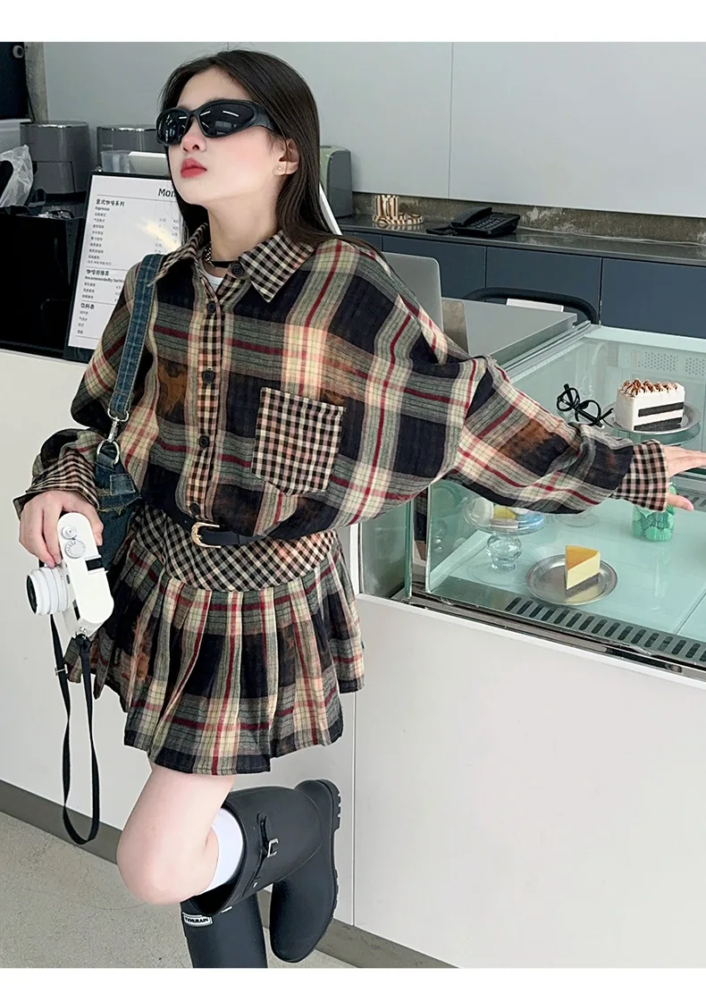 Girls Fall Set 2024 New Sweet Cool Style Loose Vintage Plaid Shirt Women Fall Pleated Skirt Two-piece Set European Fashion Style