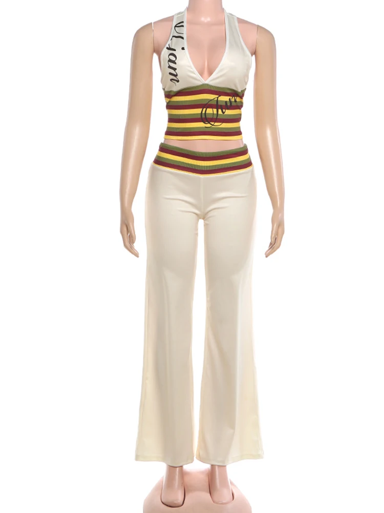 Nibber ärmelloses Tanktop mit Buchstaben-Aufdruck und V-Ausschnitt + Hose mit weitem Bein, lässiges gestreiftes 2-teiliges Set für Damen, trendiger, schicker Street-Sportanzug – Detail 4