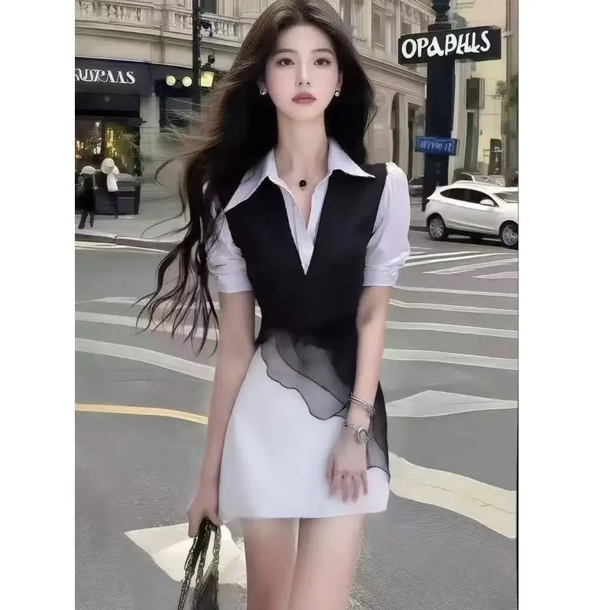 Nueva moda contraste de Color vestido camisero mujer verano mangas de burbuja cintura delgada Cinched A-Line Mini Vestidos Oficina señora Vestidos