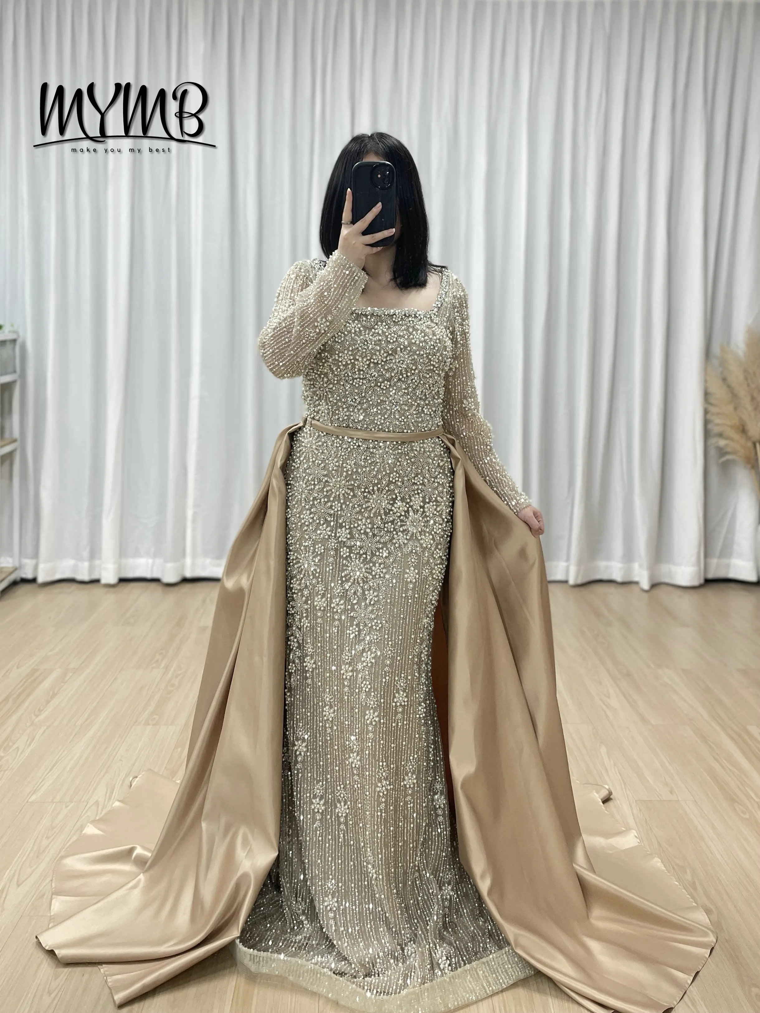 

MYMB Luxurious Caramel Square Collar Long Sleeve Muslim Evening Gowns With Overskirt Beaded Sequin Mermaid Party Dresses MC20123