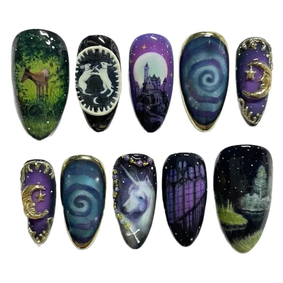 24 قطعة الخيال السماوية الحصان الأظافر وهمية لطيف الكرتون الساحرة اللوز الأظافر كاذبة مع معدن القمر الخرز ديكور اضغط على الأظافر