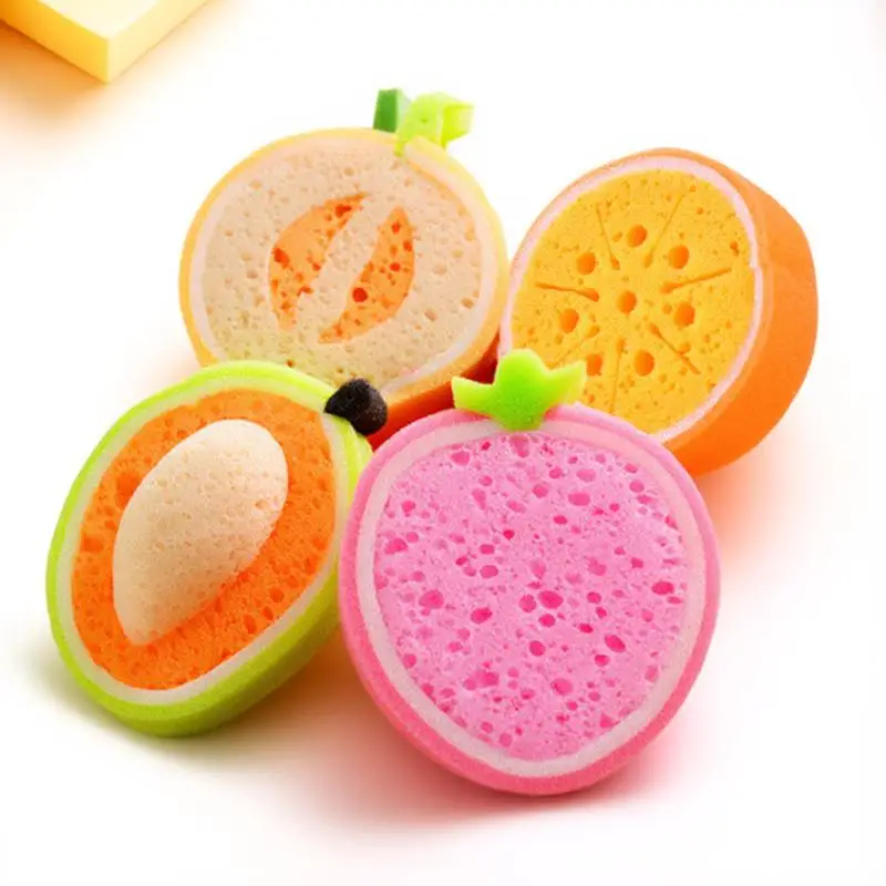 4Pcs Bath Sponges Fruit Design Reusable Lightweight Kids Bath Sponges Eco Friendly Baby Safe Shower Sponge for Home Travel Use