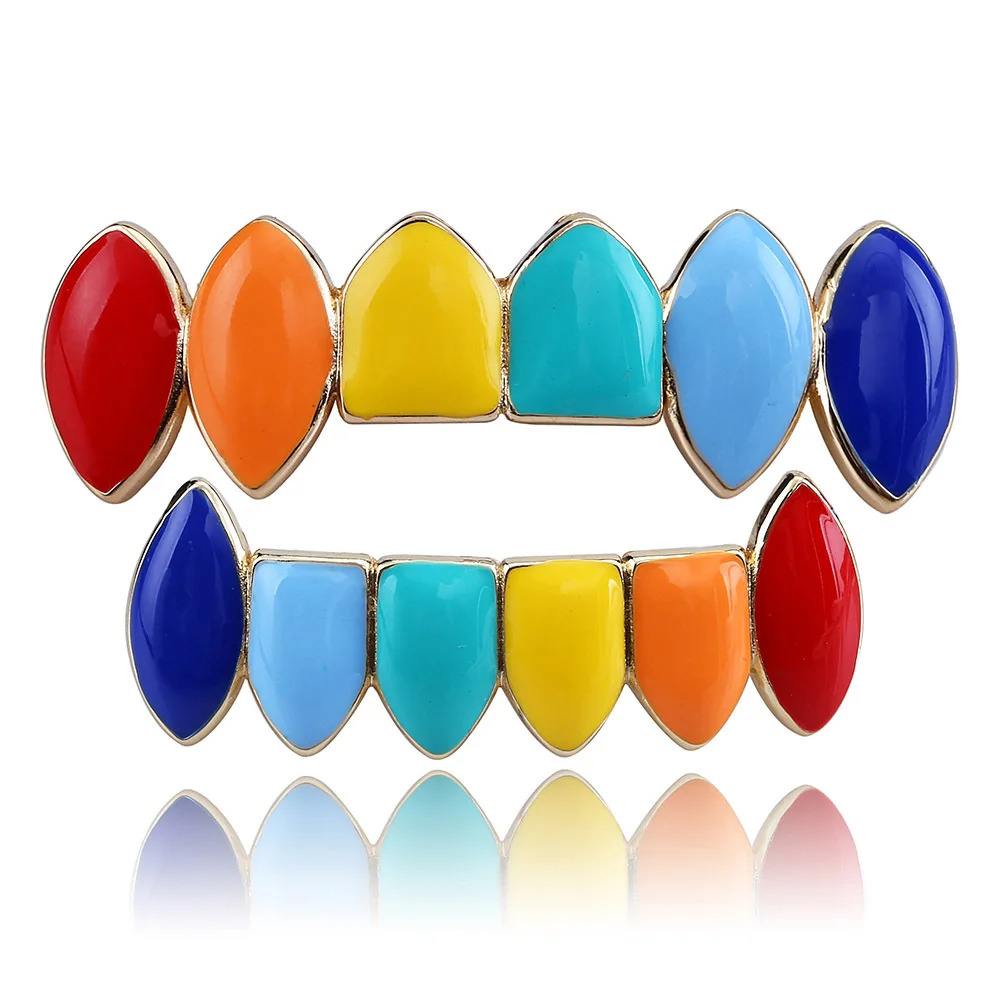 HipHop Rainbow Gold Silver color Teeth Grillz Top & Bottom Grills Dental Mouth Cosplay Party Tooth Punk Body Jewelry Gifts