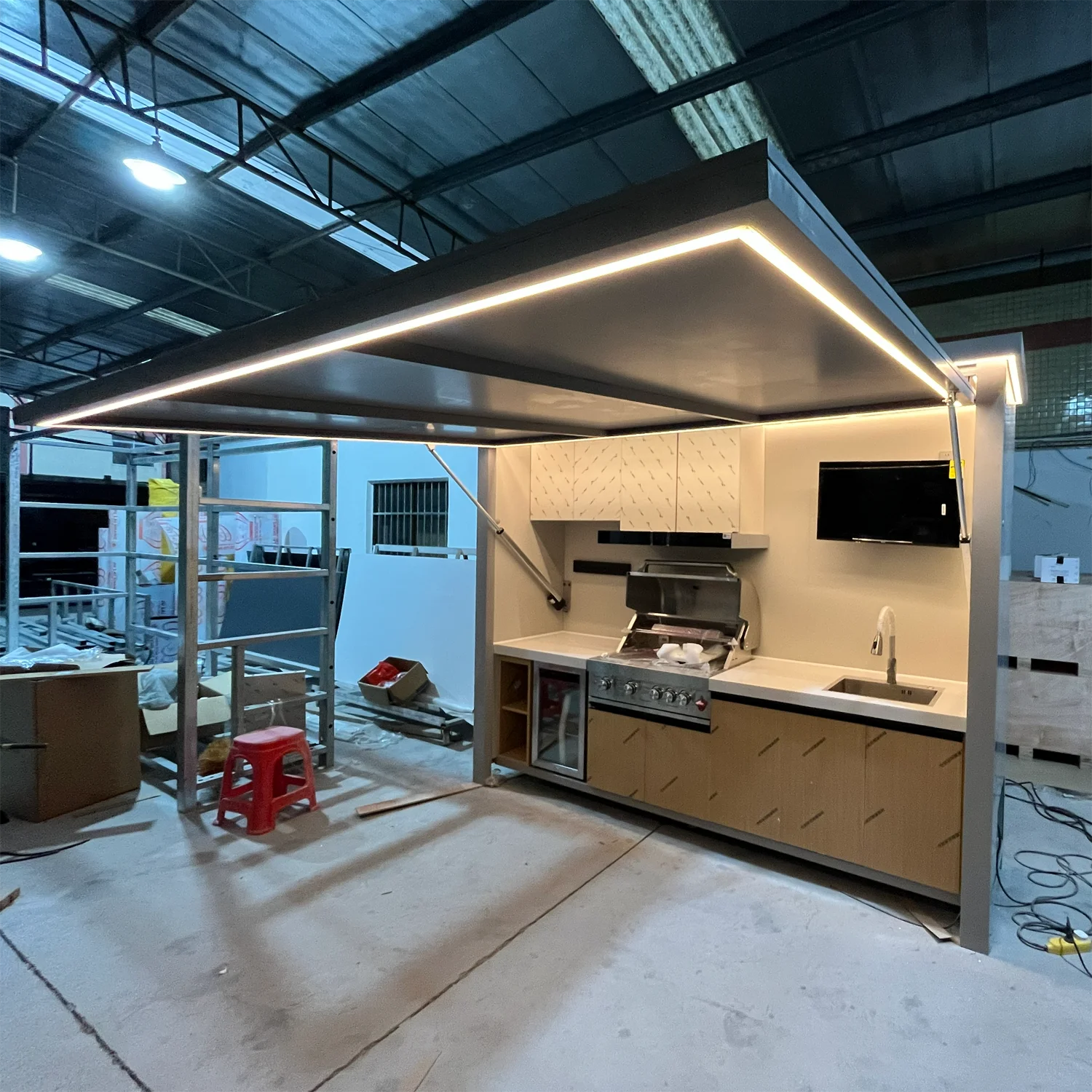All Weather Outdoor Kitchen Shed with Motorized Lift Up Roof and Stainless Steel 304 Sink Fridge Grill Storage
