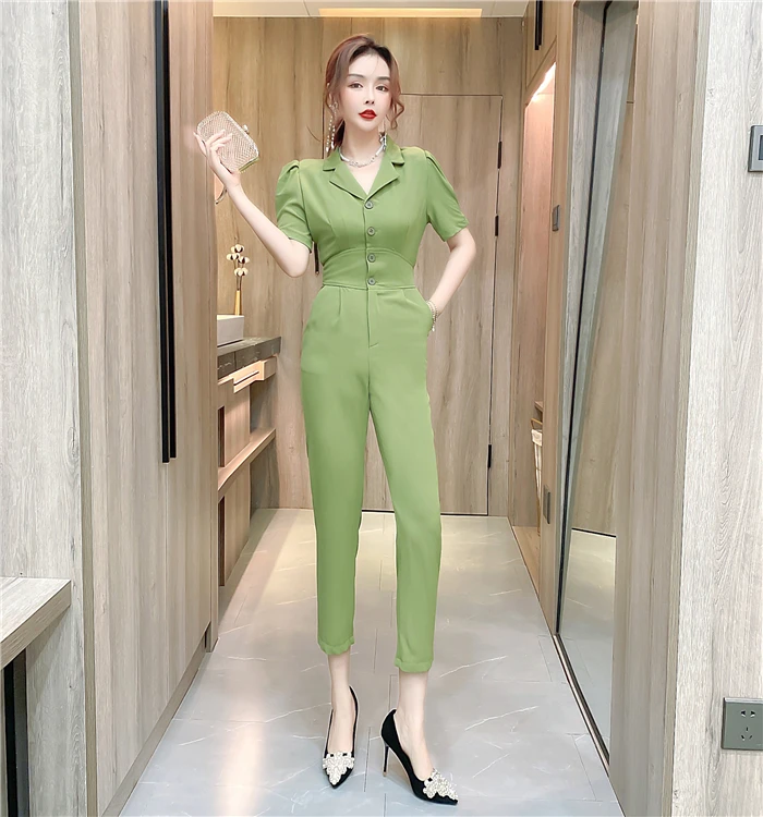 

Women Jumpsuits Summer OL Solid High Waist Wide Leg Jumpsuits Women Fashion Buttons Short Sleeve Slim Fit Elegant Jumpsuits