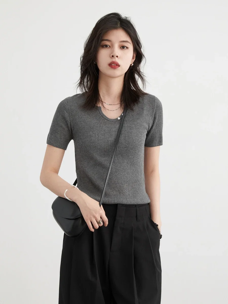 CHIC VEN Women Jumpers Loose Casual Solid Short Sleeved Female T-shirt Slim Knit Versatile Woman Top Summer 2024