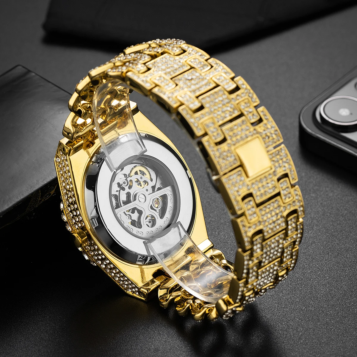 2024 MISSFOX Fashion Diamond Watch For Mens Luxury Skeleton Automatic Watches Hip Hop Cuban Chain Gold Mechanical Wristwatch Man