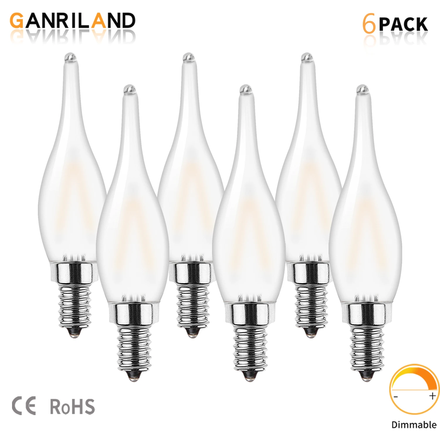 6Pack E12 E14 LED Candelabra Bulbs Dimmable Frosted Glass C22T 1.5W Equal to 15W Warm White 2700K Candle Chandelier Light Bulb