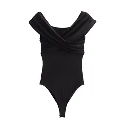 Tangada 2024 Women Black Off Shoulder Knitted Bodysuit for Female Body Suit Shirt Woman Playsuit PH008