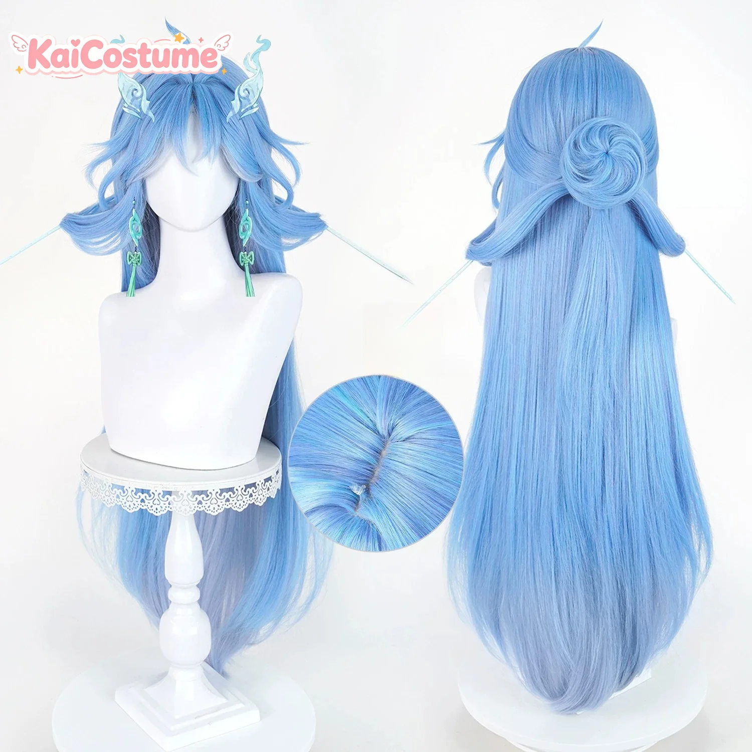 Qingxiao Cosplay Wig Wuthering Waves Hairpiece Realistic Handmade Scalp Top Clip Ponytail Bun Heat Resistant Synthetic Hair