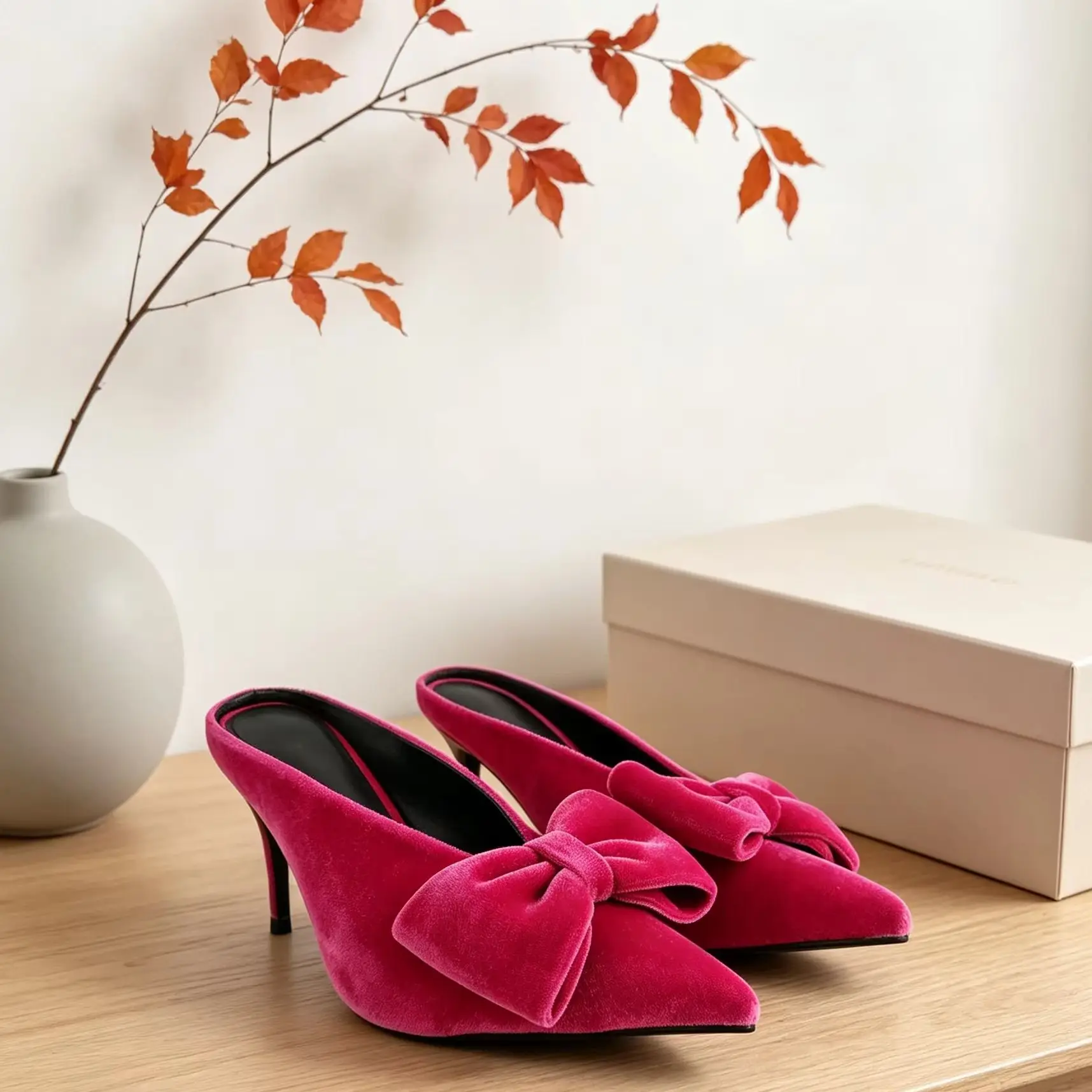 Pink Velvet Butterfly Knot Women Stiletto High Heels Pumps Mules Pointed Toe Backless Slippers Daily Elegant Party Fashion Shoes